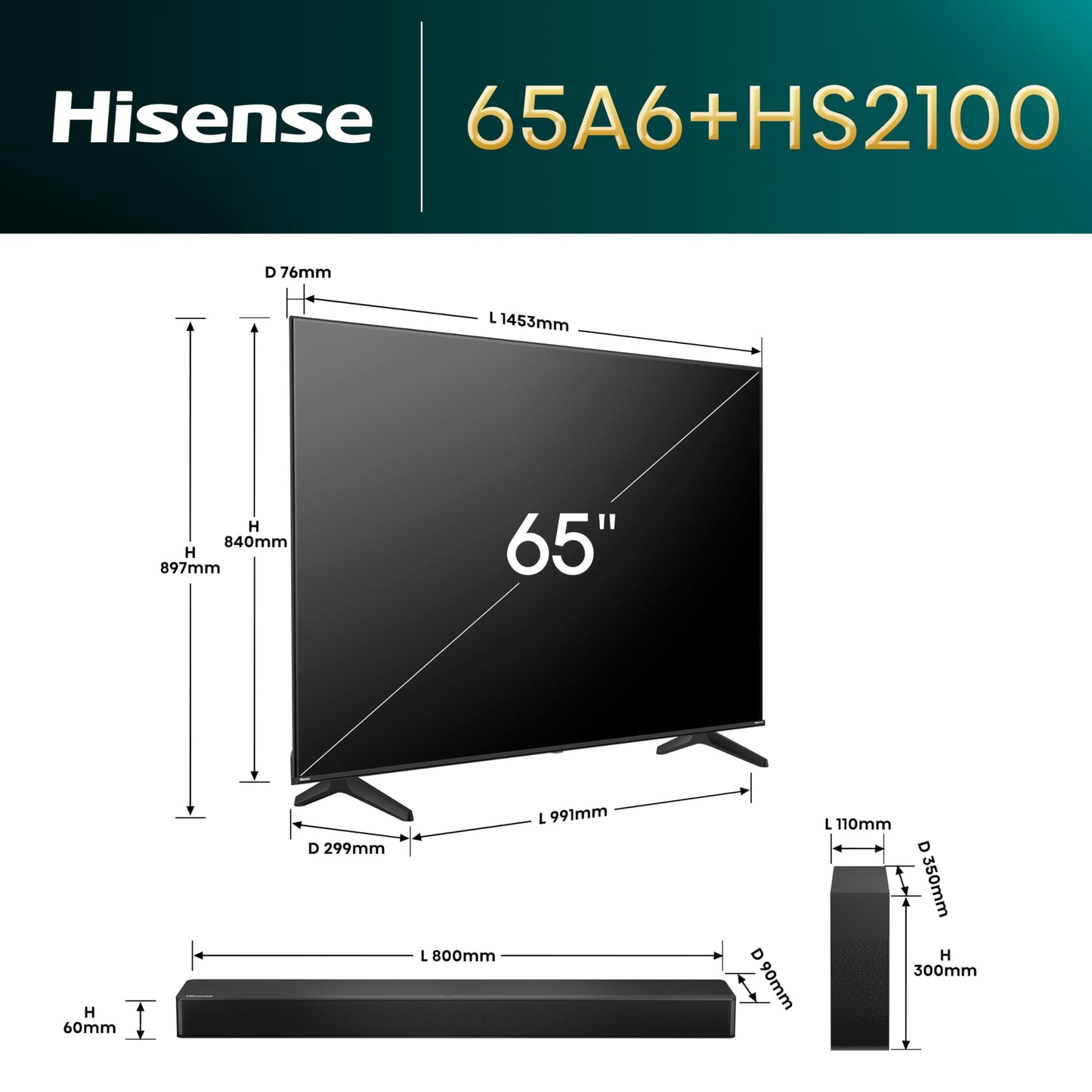 Hisense 65A6NTUK 4K TV with HS2100 Soundbar
