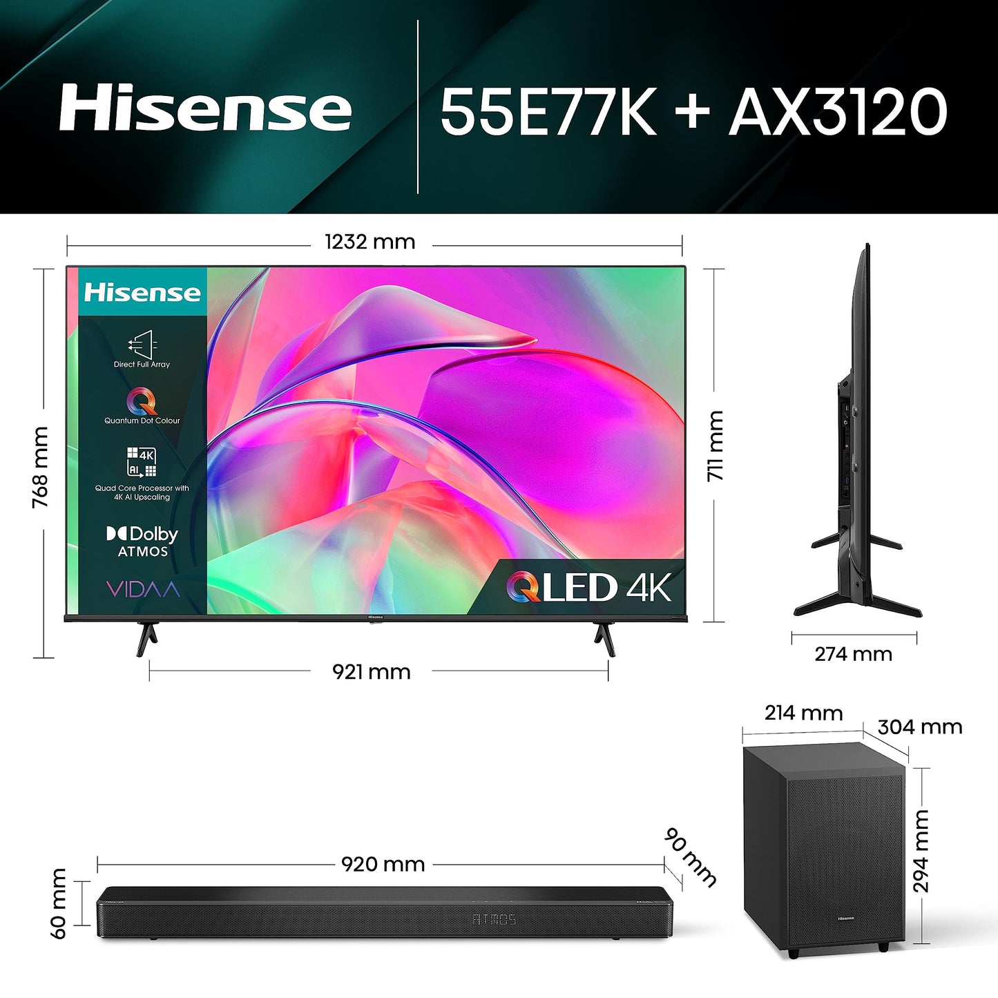 Hisense E77K 4K QLED TV with AX3120G Soundbar